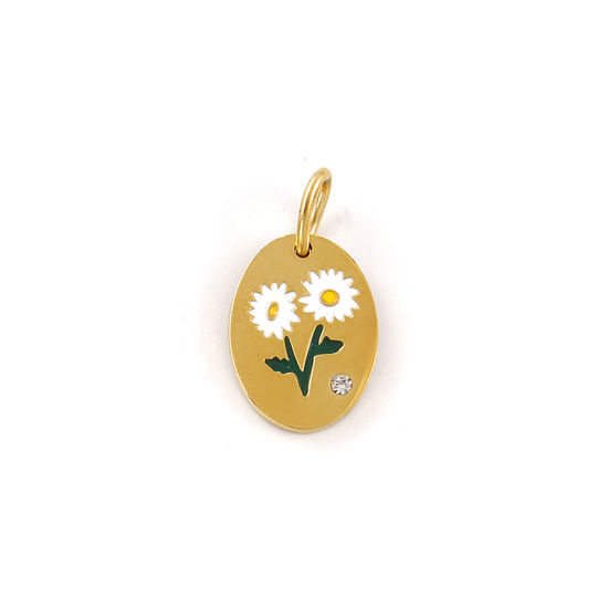 Изображение 1 ШТ Экологичное вакуумное PVD-покрытие 304 Нержавеющая Сталь апрель Месяц рождения цветок Подвески 18K настоящее золото с покрытием Белый С Эмалью Овальные Маргаритка Прозрачный Искусственный Циркон 20мм x 11мм