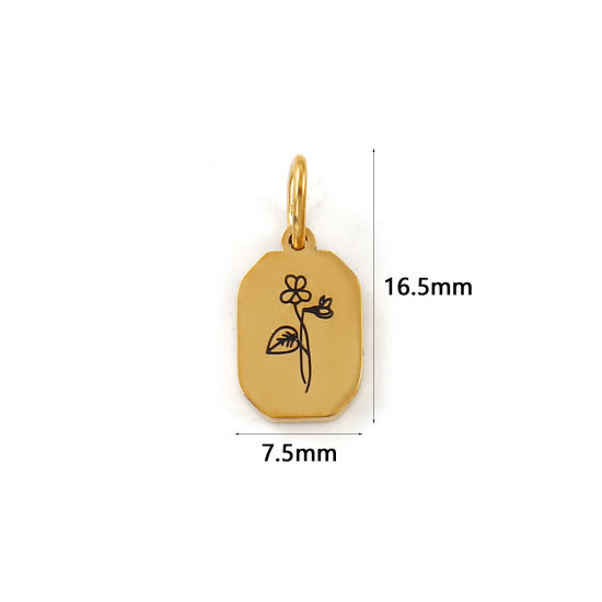Bild von 1 Stück Umweltfreundliche PVD-Vakuumbeschichtung 304 Edelstahl Februar Geburtsmonat Blume Charms 18K Echtgold plattiert Achteck Veilchen 16mm x 7.5mm