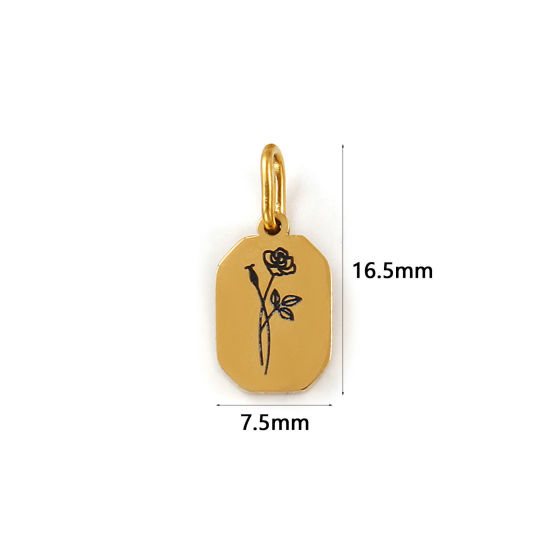 Bild von 1 Stück Umweltfreundliche PVD-Vakuumbeschichtung 304 Edelstahl Juni Geburtsmonat Blume Charms 18K Echtgold plattiert Achteck Rose 16mm x 7.5mm