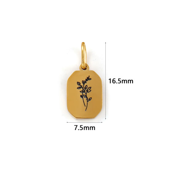 Bild von 1 Stück Umweltfreundliche PVD-Vakuumbeschichtung 304 Edelstahl Dezember Geburtsmonat Blume Charms 18K Echtgold plattiert Achteck Weihnachten Stechpalmblätter 16mm x 7.5mm