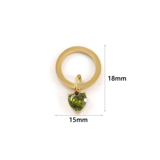 Bild von 1 Stück Umweltfreundliche PVD-Vakuumbeschichtung 304 Edelstahl Valentinstag Charms 18K Echtgold plattiert Ring Herz Olivgrün Zirkonia 25mm x 15mm