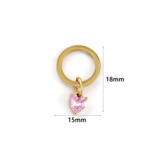 Bild von 1 Stück Umweltfreundliche PVD-Vakuumbeschichtung 304 Edelstahl Valentinstag Charms 18K Echtgold plattiert Ring Herz Rosa Zirkonia 25mm x 15mm