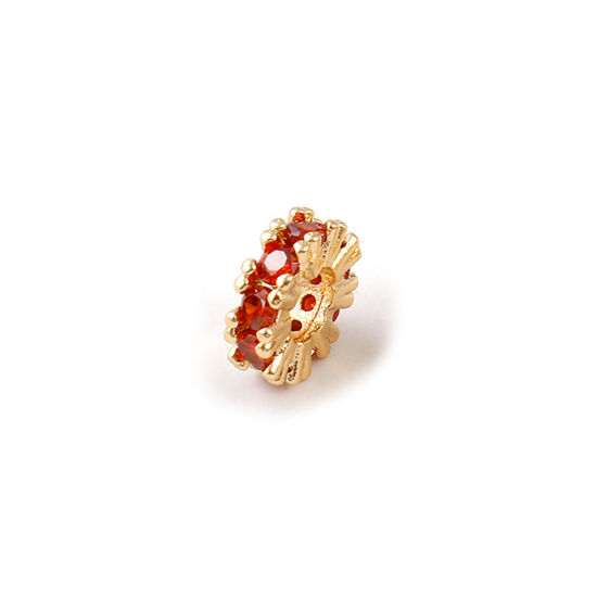 Immagine di 2 Pz Ecologico Ottone Pietre Nascita Perline Distanziatrici per Gioielli Fai-da-te che Fanno Risultati 18K Vero Oro Placcato Gennaio Tondo Rosso Arancione Cubic Zirconiae 8mm Dia., Buco: Circa 3.5mm