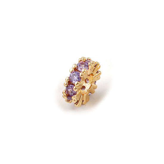 Immagine di 2 Pz Ecologico Ottone Pietre Nascita Perline Distanziatrici per Gioielli Fai-da-te che Fanno Risultati 18K Vero Oro Placcato Febbraio Tondo Viola Cubic Zirconiae 8mm Dia., Buco: Circa 3.5mm