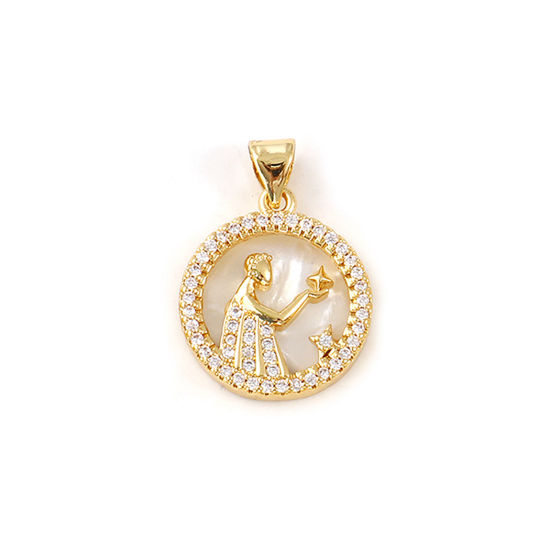 Immagine di 1 Pz Conchiglie Naturali & Ottone Ciondoli Pendenti Placcato Oro 18K Bianco Tondo Disco Costellazione Vergine Micro Spianare Trasparente Cubic Zirconiae 24mm x 17mm