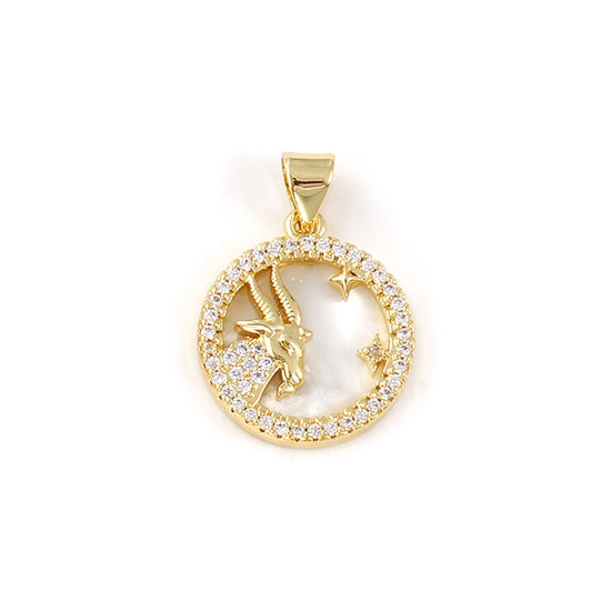 Immagine di 1 Pz Conchiglie Naturali & Ottone Ciondoli Pendenti Placcato Oro 18K Bianco Tondo Disco Costellazione Capricorno Micro Spianare Trasparente Cubic Zirconiae 24mm x 17mm