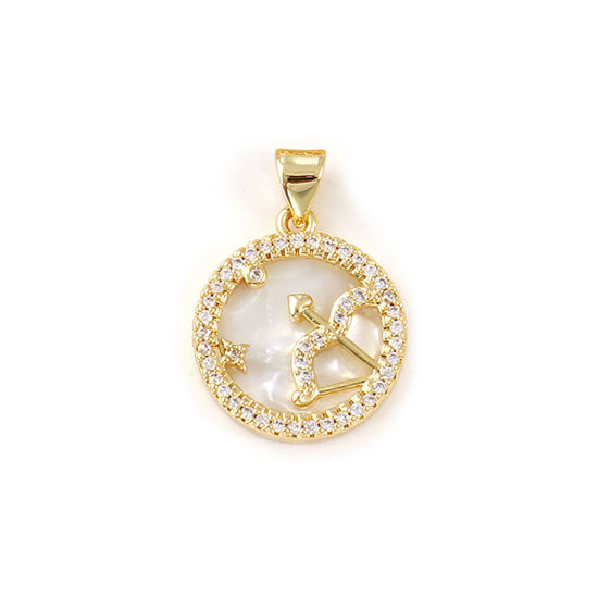 Immagine di 1 Pz Conchiglie Naturali & Ottone Ciondoli Pendenti Placcato Oro 18K Bianco Tondo Disco Costellazione Sagittario Micro Spianare Trasparente Cubic Zirconiae 24mm x 17mm