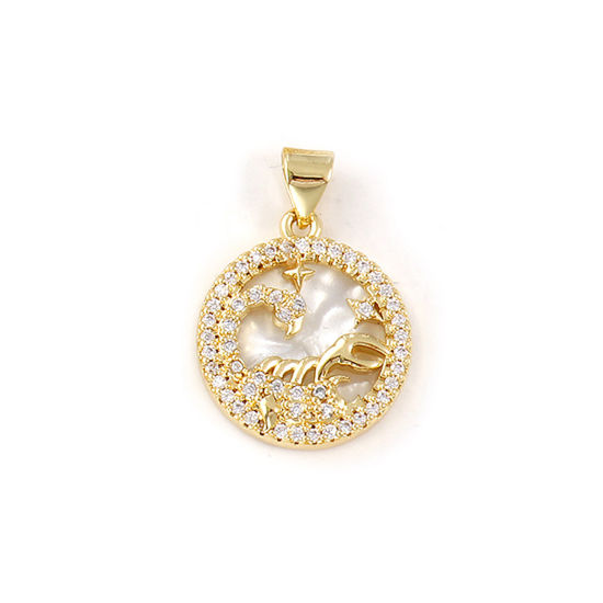 Immagine di 1 Pz Conchiglie Naturali & Ottone Ciondoli Pendenti Placcato Oro 18K Bianco Tondo Disco Costellazione Scorpione Micro Spianare Trasparente Cubic Zirconiae 24mm x 17mm