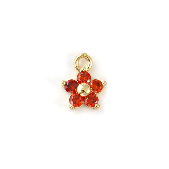 Immagine di 2 Pz Ottone Pietre Nascita Ciondoli Placcato Oro 18K Gennaio Fiore Mini Rosso Arancione Cubic Zirconiae 10mm x 8mm
