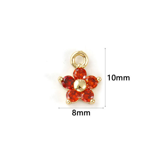 Immagine di 2 Pz Ottone Pietre Nascita Ciondoli Placcato Oro 18K Gennaio Fiore Mini Rosso Arancione Cubic Zirconiae 10mm x 8mm