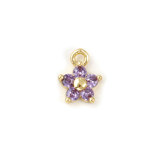 Immagine di 2 Pz Ottone Pietre Nascita Ciondoli Placcato Oro 18K Febbraio Fiore Mini Viola Cubic Zirconiae 10mm x 8mm