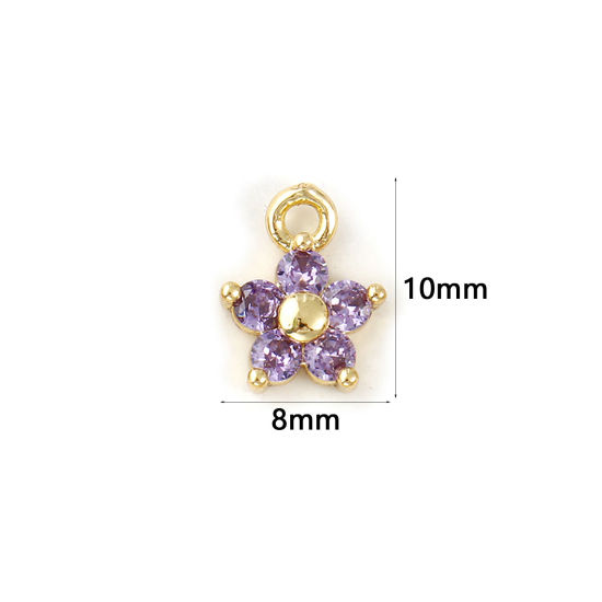 Immagine di 2 Pz Ottone Pietre Nascita Ciondoli Placcato Oro 18K Febbraio Fiore Mini Viola Cubic Zirconiae 10mm x 8mm