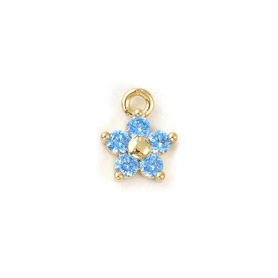 Immagine di 2 Pz Ottone Pietre Nascita Ciondoli Placcato Oro 18K Marzo Fiore Mini Acqua Blu Cubic Zirconiae 10mm x 8mm