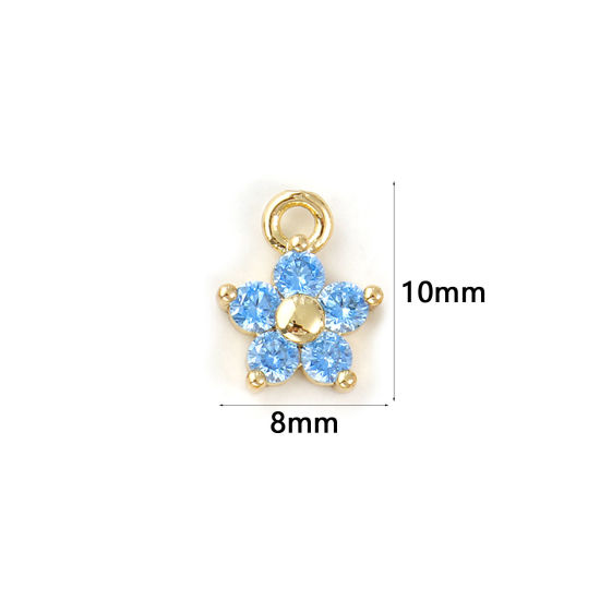 Immagine di 2 Pz Ottone Pietre Nascita Ciondoli Placcato Oro 18K Marzo Fiore Mini Acqua Blu Cubic Zirconiae 10mm x 8mm