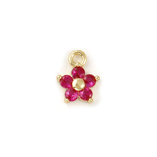 Immagine di 2 Pz Ottone Pietre Nascita Ciondoli Placcato Oro 18K Luglio Fiore Mini Fuscia Cubic Zirconiae 10mm x 8mm