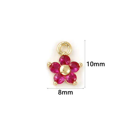 Immagine di 2 Pz Ottone Pietre Nascita Ciondoli Placcato Oro 18K Luglio Fiore Mini Fuscia Cubic Zirconiae 10mm x 8mm