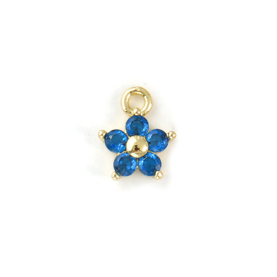 Immagine di 2 Pz Ottone Pietre Nascita Ciondoli Placcato Oro 18K Settembre Fiore Mini Blu Marino Cubic Zirconiae 10mm x 8mm