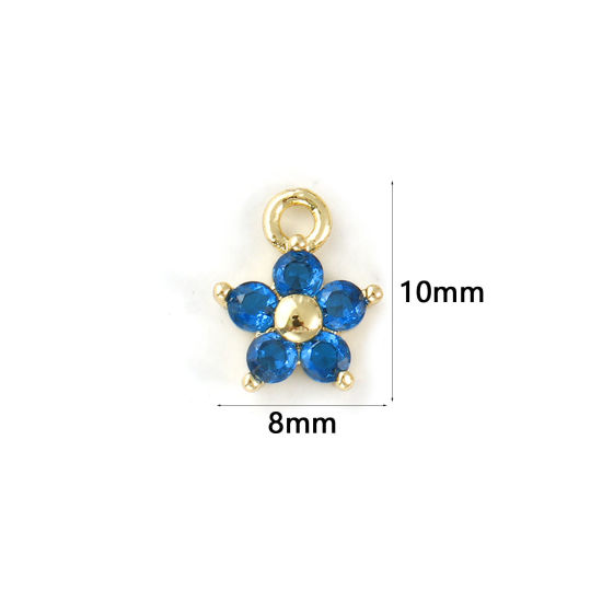 Immagine di 2 Pz Ottone Pietre Nascita Ciondoli Placcato Oro 18K Settembre Fiore Mini Blu Marino Cubic Zirconiae 10mm x 8mm