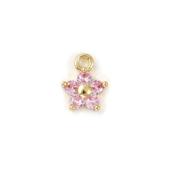 Immagine di 2 Pz Ottone Pietre Nascita Ciondoli Placcato Oro 18K Ottobre Fiore Mini Rosa Pallido Cubic Zirconiae 10mm x 8mm