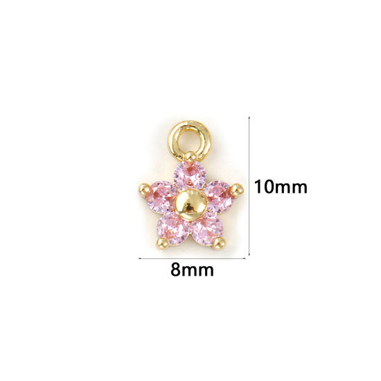 Immagine di 2 Pz Ottone Pietre Nascita Ciondoli Placcato Oro 18K Ottobre Fiore Mini Rosa Pallido Cubic Zirconiae 10mm x 8mm