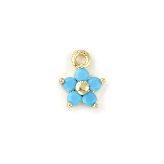 Immagine di 2 Pz Ottone Pietre Nascita Ciondoli Placcato Oro 18K Dicembre Fiore Mini Blu Pallido Cubic Zirconiae 10mm x 8mm