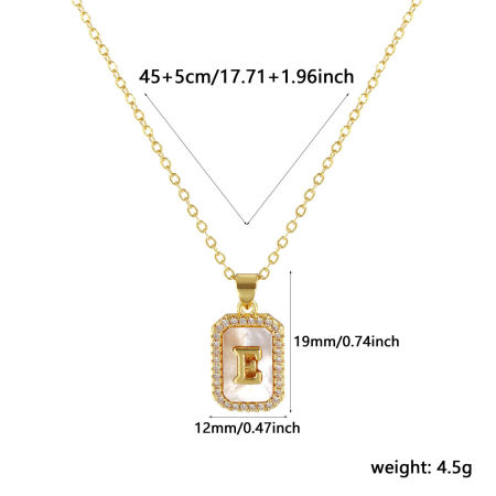 Immagine di 18K Real Gold Plated Link Cable Chain Octagon Pendant Charm Necklace, Natural Shell & Brass 46cm(18.1") + 6cm(2.4"), For Women, Clear Cubic Zirconia Message " E " White Micro Pave, Retro Capital Alphabet Initial Letter Name Gift, Eco-friendly, 1 Piece