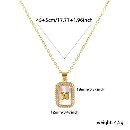 Immagine di 18K Real Gold Plated Link Cable Chain Octagon Pendant Charm Necklace, Natural Shell & Brass 46cm(18.1") + 6cm(2.4"), For Women, Clear Cubic Zirconia Message " M " White Micro Pave, Retro Capital Alphabet Initial Letter Name Gift, Eco-friendly, 1 Piece