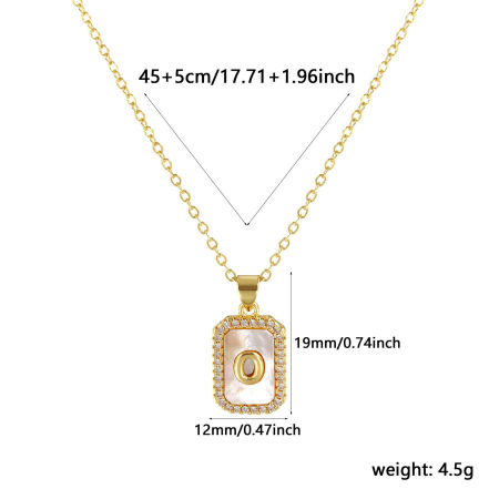 Immagine di 18K Real Gold Plated Link Cable Chain Octagon Pendant Charm Necklace, Natural Shell & Brass 46cm(18.1") + 6cm(2.4"), For Women, Clear Cubic Zirconia Message " O " White Micro Pave, Retro Capital Alphabet Initial Letter Name Gift, Eco-friendly, 1 Piece