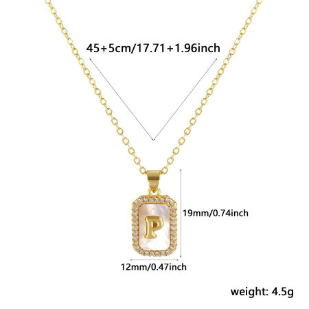 Immagine di 18K Real Gold Plated Link Cable Chain Octagon Pendant Charm Necklace, Natural Shell & Brass 46cm(18.1") + 6cm(2.4"), For Women, Clear Cubic Zirconia Message " P " White Micro Pave, Retro Capital Alphabet Initial Letter Name Gift, Eco-friendly, 1 Piece