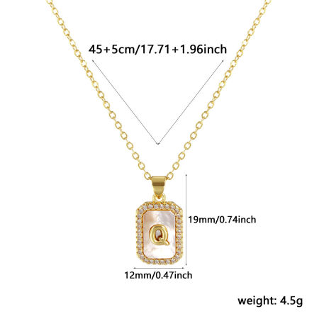 Immagine di 18K Real Gold Plated Link Cable Chain Octagon Pendant Charm Necklace, Natural Shell & Brass 46cm(18.1") + 6cm(2.4"), For Women, Clear Cubic Zirconia Message " Q " White Micro Pave, Retro Capital Alphabet Initial Letter Name Gift, Eco-friendly, 1 Piece