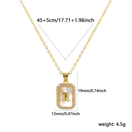 Immagine di 18K Real Gold Plated Link Cable Chain Octagon Pendant Charm Necklace, Natural Shell & Brass 46cm(18.1") + 6cm(2.4"), For Women, Clear Cubic Zirconia Message " R " White Micro Pave, Retro Capital Alphabet Initial Letter Name Gift, Eco-friendly, 1 Piece