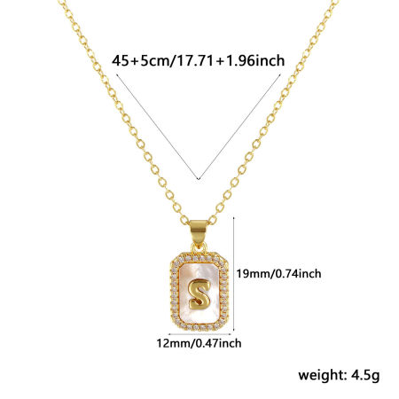 Immagine di 18K Real Gold Plated Link Cable Chain Octagon Pendant Charm Necklace, Natural Shell & Brass 46cm(18.1") + 6cm(2.4"), For Women, Clear Cubic Zirconia Message " S " White Micro Pave, Retro Capital Alphabet Initial Letter Name Gift, Eco-friendly, 1 Piece