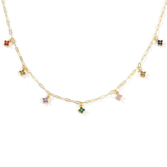 Immagine di 18K Real Gold Plated Paperclip Link Chain Flower Pendant Charm Necklace, Brass 45cm(17.7"), For Women, Multicolour Cubic Zirconia Micro Pave, Sweet & Cute Exquisite Gift, Eco-friendly, 1 Piece