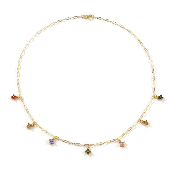 Immagine di 18K Real Gold Plated Paperclip Link Chain Flower Pendant Charm Necklace, Brass 45cm(17.7"), For Women, Multicolour Cubic Zirconia Micro Pave, Sweet & Cute Exquisite Gift, Eco-friendly, 1 Piece