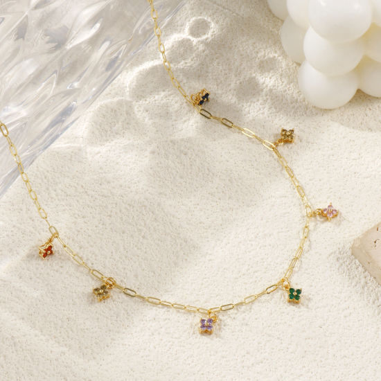 Immagine di 18K Real Gold Plated Paperclip Link Chain Flower Pendant Charm Necklace, Brass 45cm(17.7"), For Women, Multicolour Cubic Zirconia Micro Pave, Sweet & Cute Exquisite Gift, Eco-friendly, 1 Piece