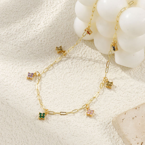 Immagine di 18K Real Gold Plated Paperclip Link Chain Flower Pendant Charm Necklace, Brass 45cm(17.7"), For Women, Multicolour Cubic Zirconia Micro Pave, Sweet & Cute Exquisite Gift, Eco-friendly, 1 Piece