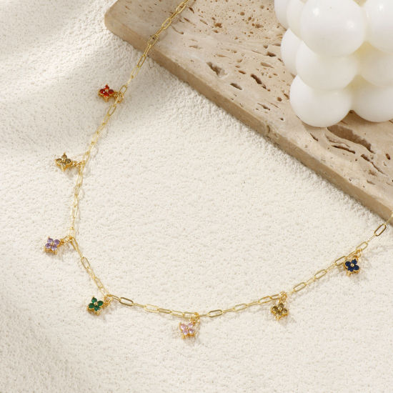Immagine di 18K Real Gold Plated Paperclip Link Chain Flower Pendant Charm Necklace, Brass 45cm(17.7"), For Women, Multicolour Cubic Zirconia Micro Pave, Sweet & Cute Exquisite Gift, Eco-friendly, 1 Piece