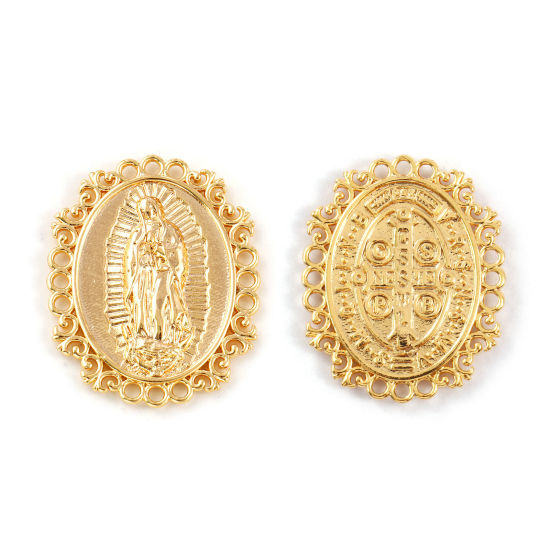 Bild von 2 Stück Umweltfreundlich Messing Religiös Steckverbinder Charms Anhänger 18K Echtgold plattiert Oval Heilige Maria Mutter Gottes Doppelseitig 28mm x 23mm