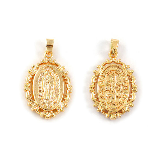 Bild von 2 Stück Umweltfreundlich Messing Religiös Charm-Anhänger 18K Echtgold plattiert Oval Heilige Maria Mutter Gottes Doppelseitig 27mm x 16mm