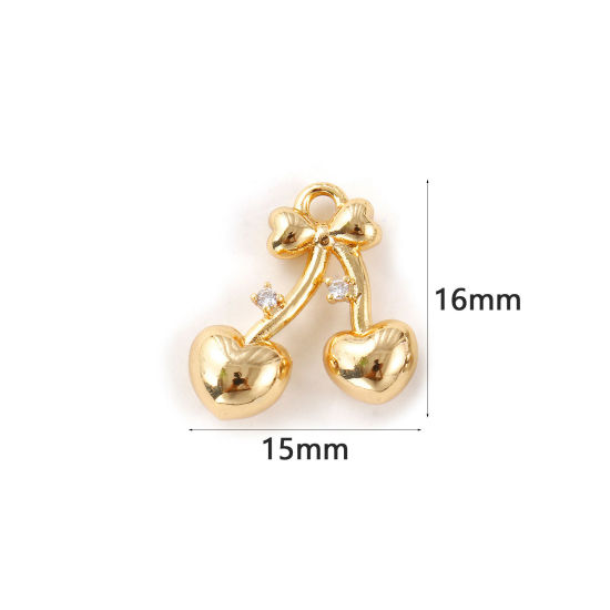 Immagine di 2 Pz Ecologico Ottone San Valentino Ciondoli 18K Vero Oro Placcato Ciliegia Cuore 3D Trasparente Cubic Zirconiae 16mm x 15mm