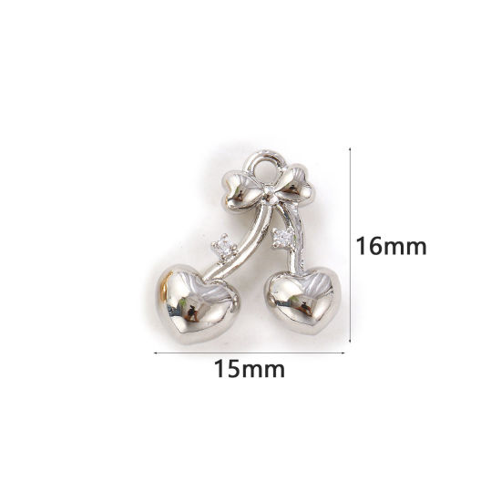 Immagine di 2 Pz Ecologico Ottone San Valentino Ciondoli Vero Platino Placcato Ciliegia Cuore 3D Trasparente Cubic Zirconiae 16mm x 15mm