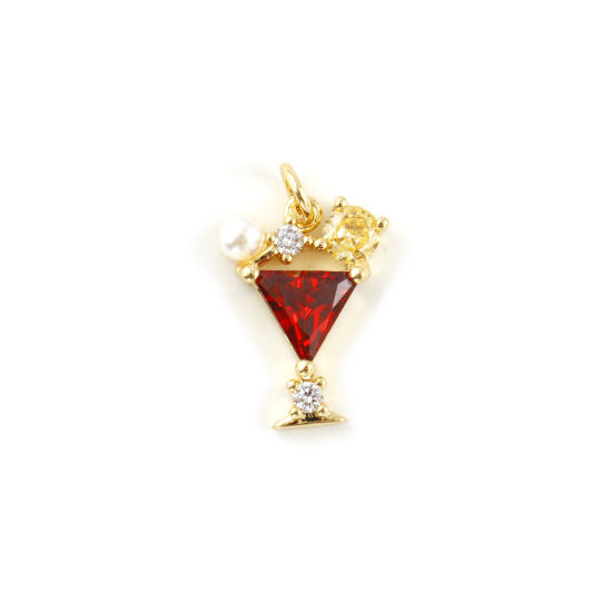 Immagine di 2 Pz Ecologico Ottone Ciondoli 18K Vero Oro Placcato Bianco Bicchiere da vino Perla Imitato Acrilico Vino Rosso Cubic Zirconiae 20mm x 13mm
