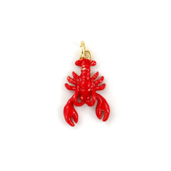 Immagine di 2 Pz Ecologico Ottone Gioielli Oceanici Ciondoli 18K Vero Oro Placcato Rosso Smalto Aragosta 3D 23mm x 12mm