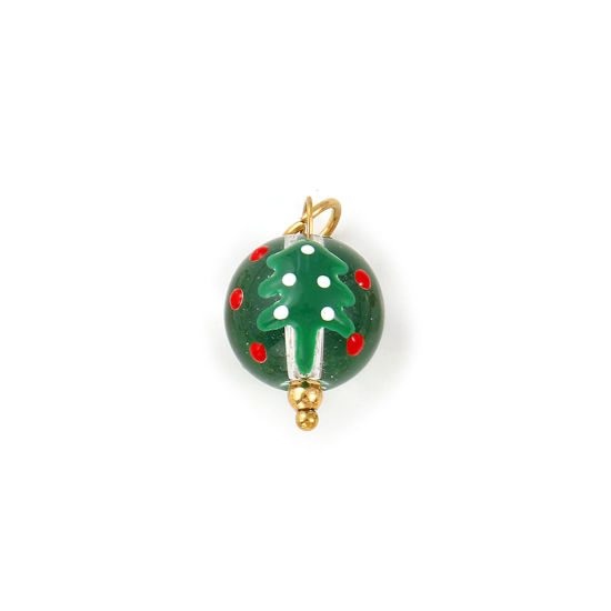 Изображение 2 ШТ Экологичное вакуумное PVD-покрытие 304 Нержавеющеая Сталь И Смолы Подвески 18K позолоченный Зеленый С Эмалью Cфера Рождественская елка 25мм x 12мм