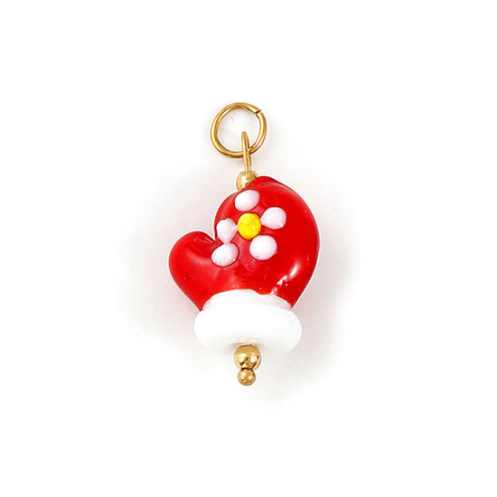 Immagine di 1 Pz Placcatura Sottovuoto PVD Ecologica 304 Acciaio Inossidabile & Resina Natale Ciondoli Pendenti Placcato Oro 18K Rosso Guanto 3D 3.2cm x 1.6cm