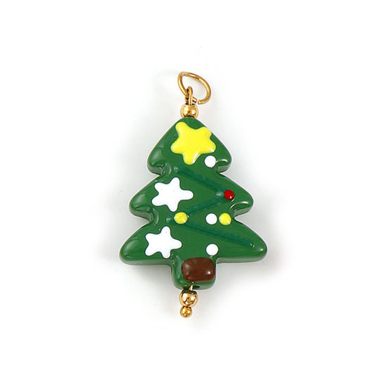 Immagine di 1 Pz Placcatura Sottovuoto PVD Ecologica 304 Acciaio Inossidabile & Resina Ciondoli Pendenti Placcato Oro 18K Verde Albero di Natale 3D 4cm x 2.3cm