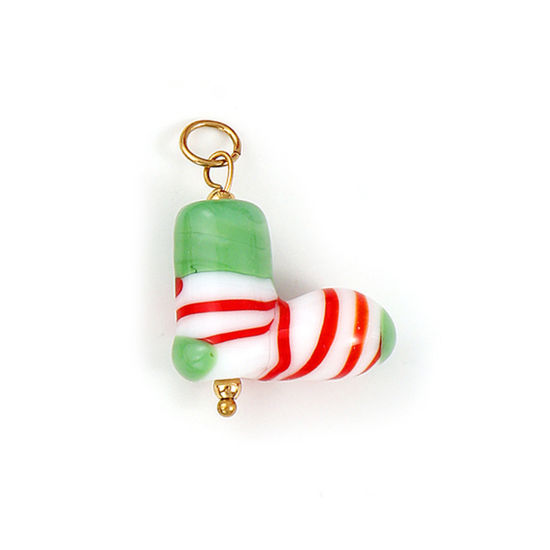 Immagine di 1 Pz Placcatura Sottovuoto PVD Ecologica 304 Acciaio Inossidabile & Resina Ciondoli Placcato Oro 18K Verde Calza di Natale 3D 3cm x 2.1cm