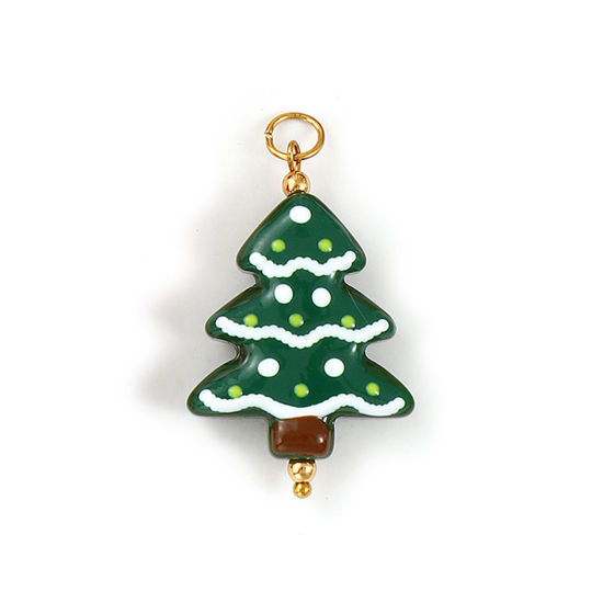 Immagine di 1 Pz Placcatura Sottovuoto PVD Ecologica 304 Acciaio Inossidabile & Resina Ciondoli Pendenti Placcato Oro 18K Verde Albero di Natale 3D 4cm x 2.3cm