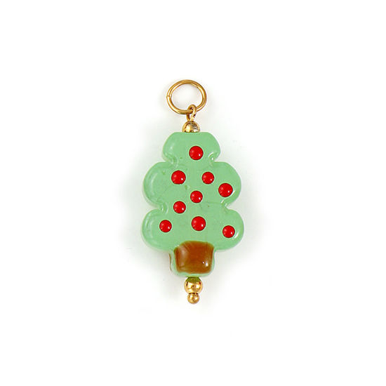 Immagine di 1 Pz Placcatura Sottovuoto PVD Ecologica 304 Acciaio Inossidabile & Resina Ciondoli Pendenti Placcato Oro 18K Verde Albero di Natale 3D 3.5cm x 1.6cm
