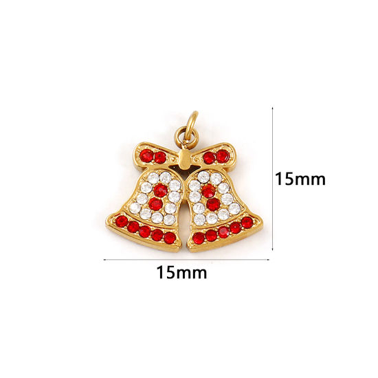 Изображение 1 ШТ Экологичное вакуумное PVD-покрытие 304 Нержавеющая Сталь Подвески 18K настоящее золото с покрытием Рождество Звенят Колокола Красный Искусственный Циркон 15мм x 15мм